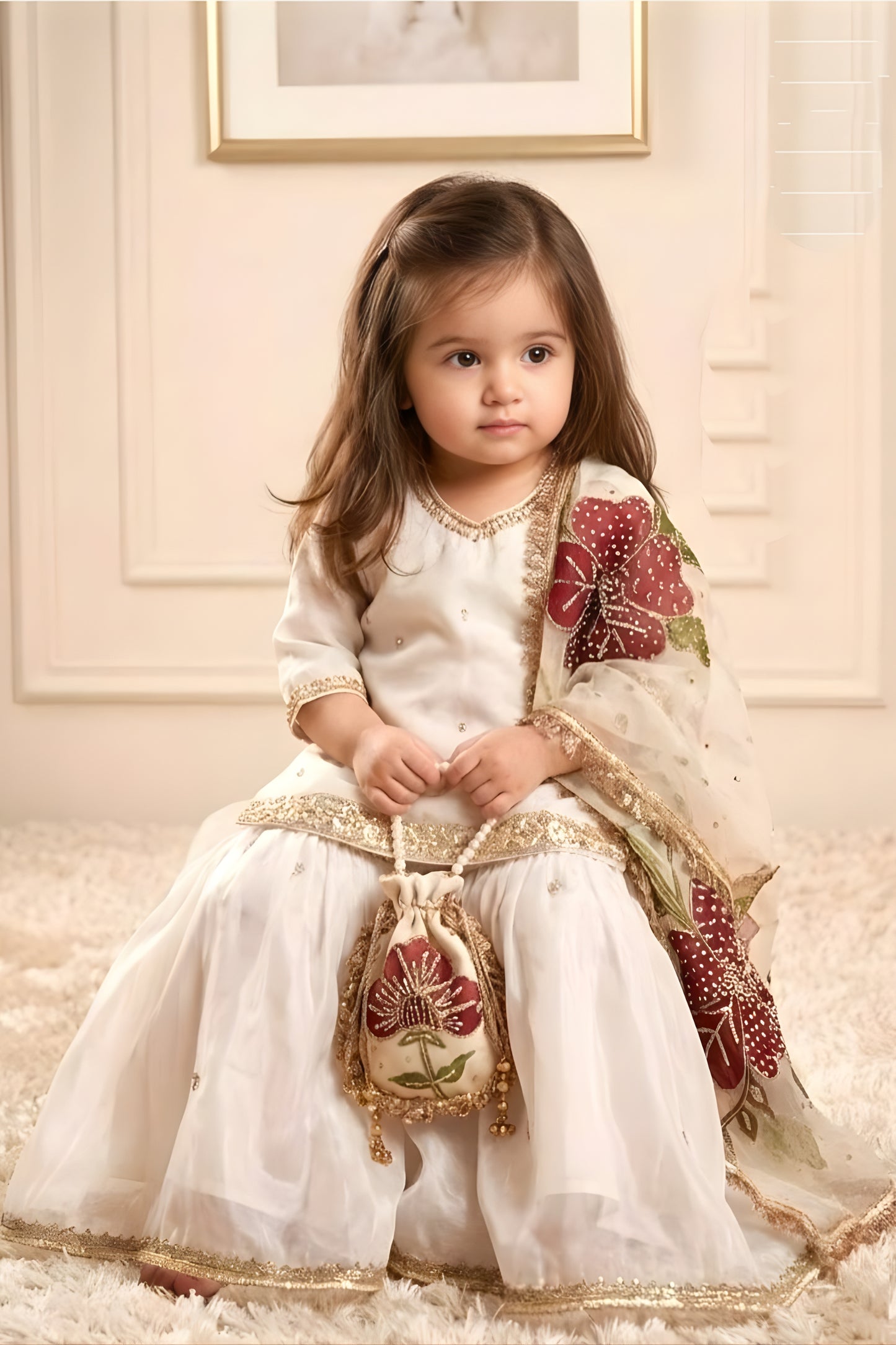 Cute Off-White Floral Embroidered Pure Gmy Silk Girls Palazzo Suit with Dupatta