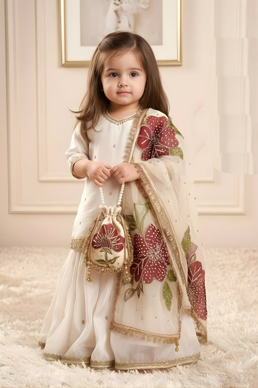 Cute Off-White Floral Embroidered Pure Gmy Silk Girls Palazzo Suit with Dupatta