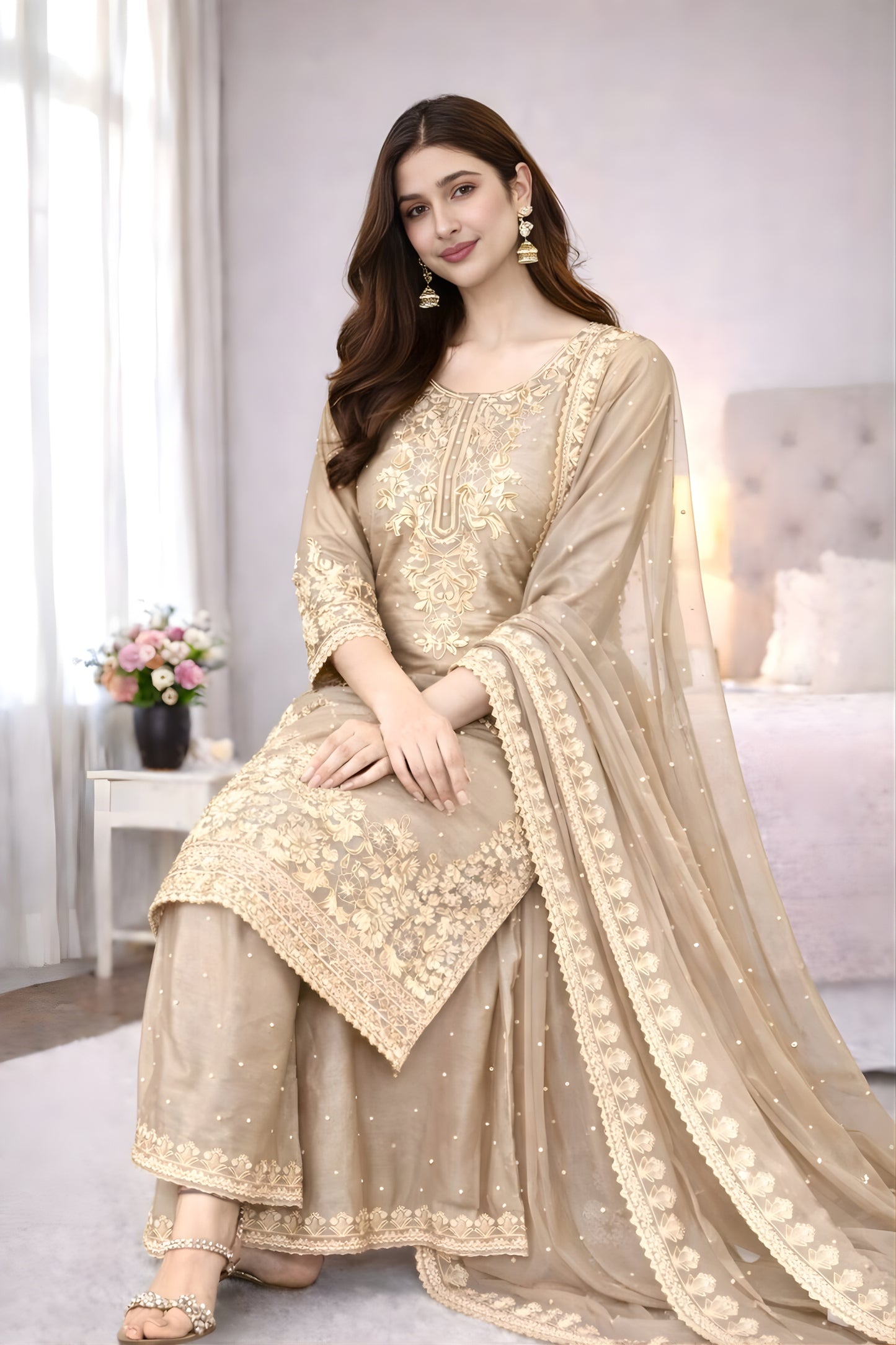 Charming Beige Heavy Embroidered GMY Silk Palazzo Suit with Dupatta for Wedding
