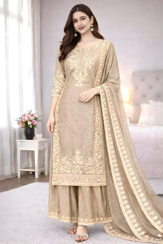 Charming Beige Heavy Embroidered GMY Silk Palazzo Suit with Dupatta for Wedding