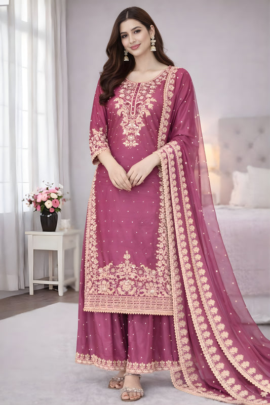 Beautiful Pink Heavy Embroidered GMY Silk Palazzo Suit with Dupatta for Wedding