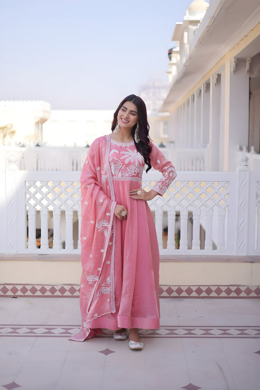 Lovely Pink Floral Embroidered Fendy Satin Silk Gown with Dupatta for Women