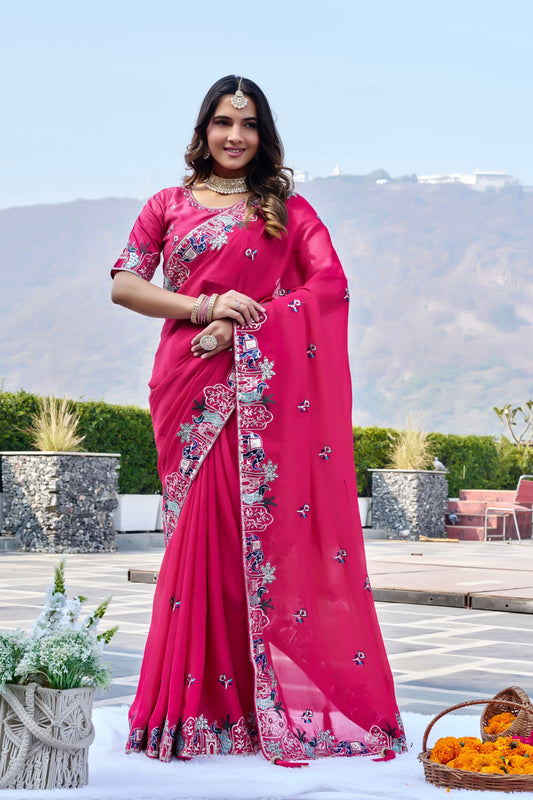 Hot Pink Georgette Saree Elephant Embroidery Border Blouse