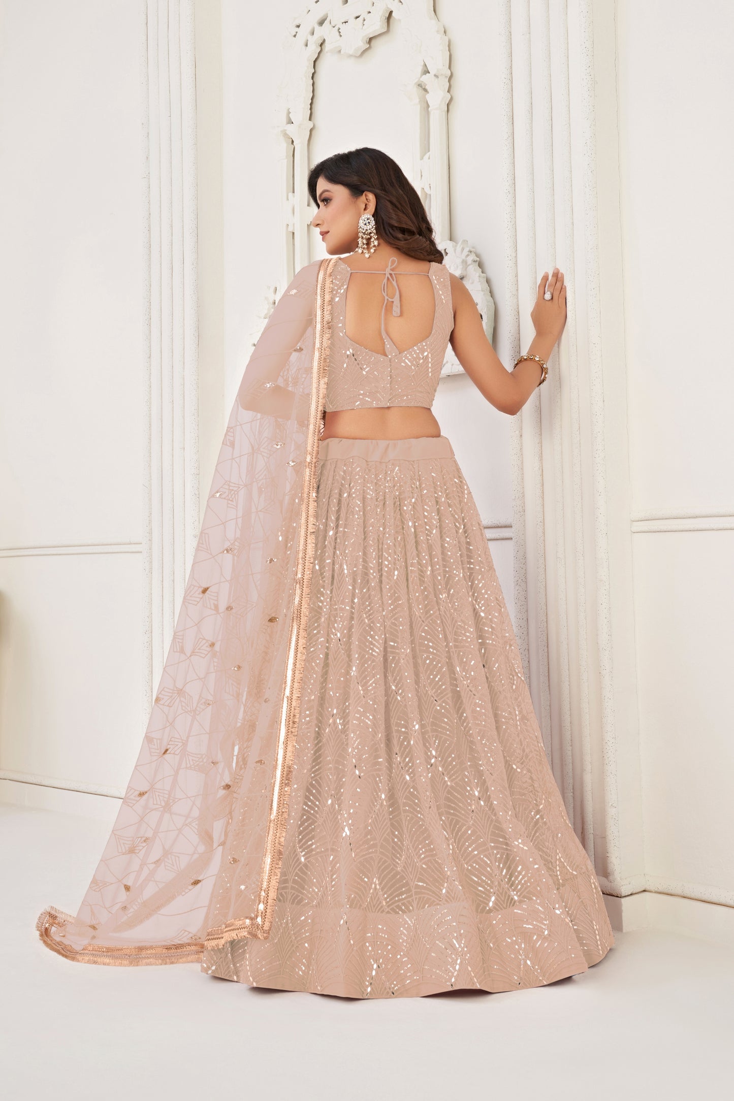 Elegant Peach Butterfly Net Embroidered Lehenga Choli with Dupatta for Wedding