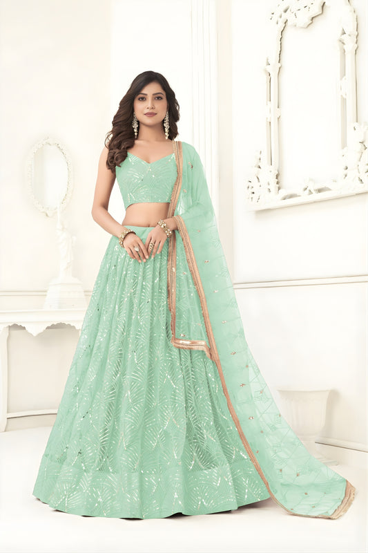 Beautiful Mint Green Butterfly Net Embroidered Lehenga Choli with Dupatta for Wedding