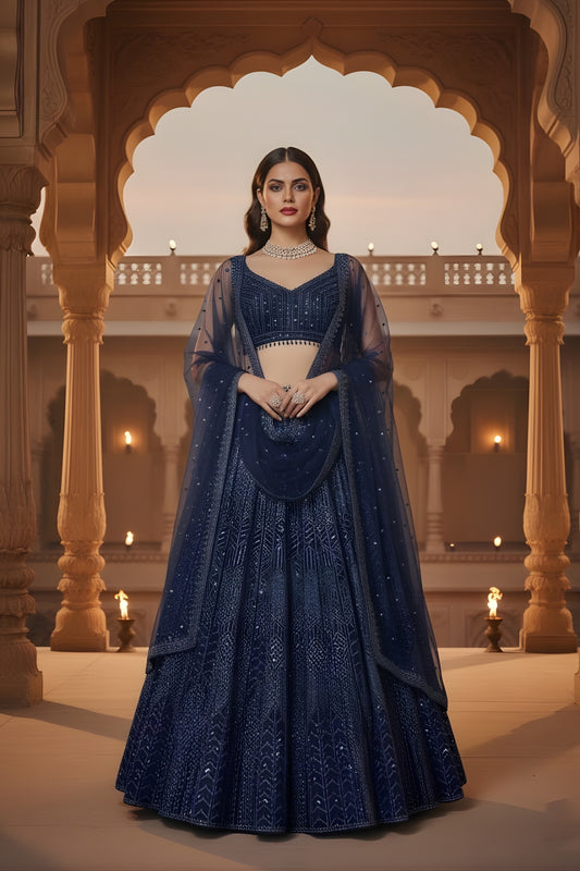 Royal Navy Blue Georgette Embroidered Lehenga Choli with Dupatta for Wedding