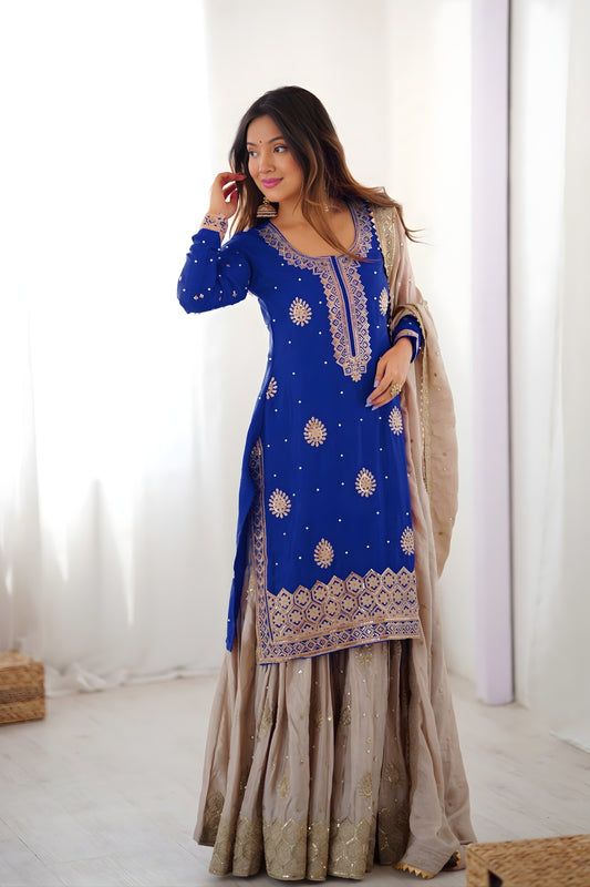 Royal Blue Chinon Silk Embroidered Party Wear Sharara Suit with Dupatta