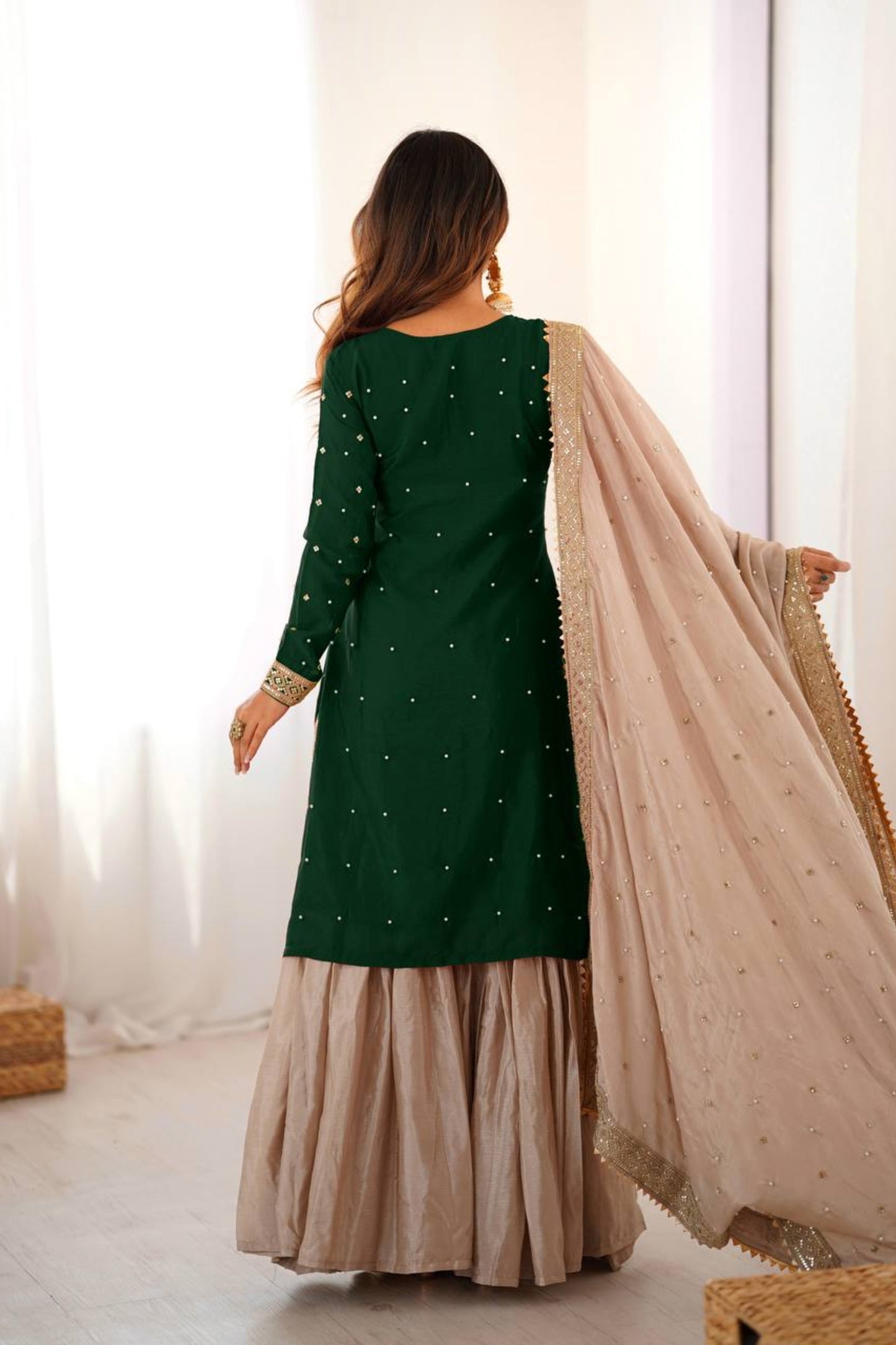 Trendy Dark Green Chinon Silk Embroidered Party Wear Sharara Suit with Dupatta