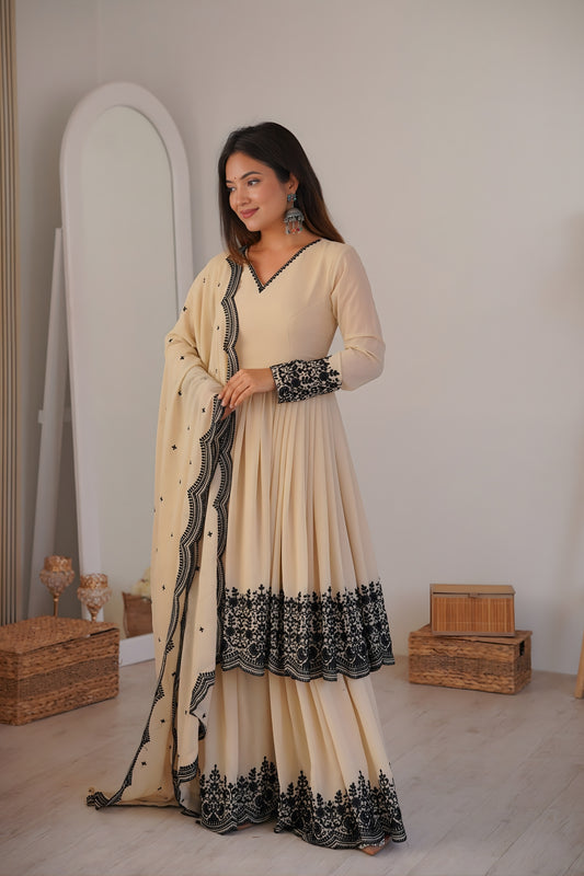 Charming Cream Faux Georgette Embroidered Party Wear Sharara Suit with Dupatta