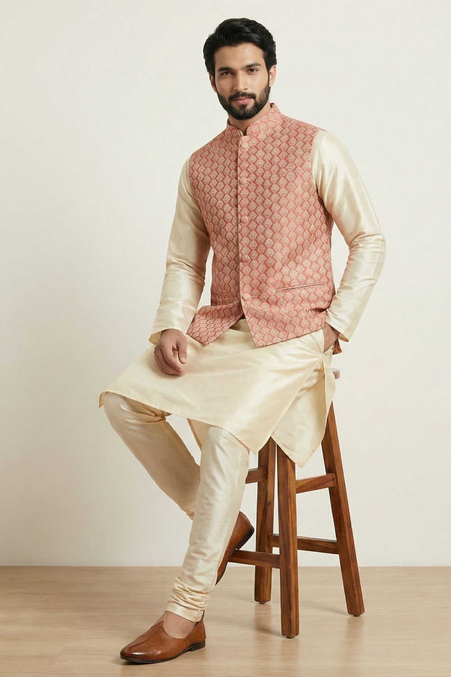 Elegant Gold Banarasi Dhupion Kurta Pyjama Set with Pink Jacquard Silk Jacket for Men