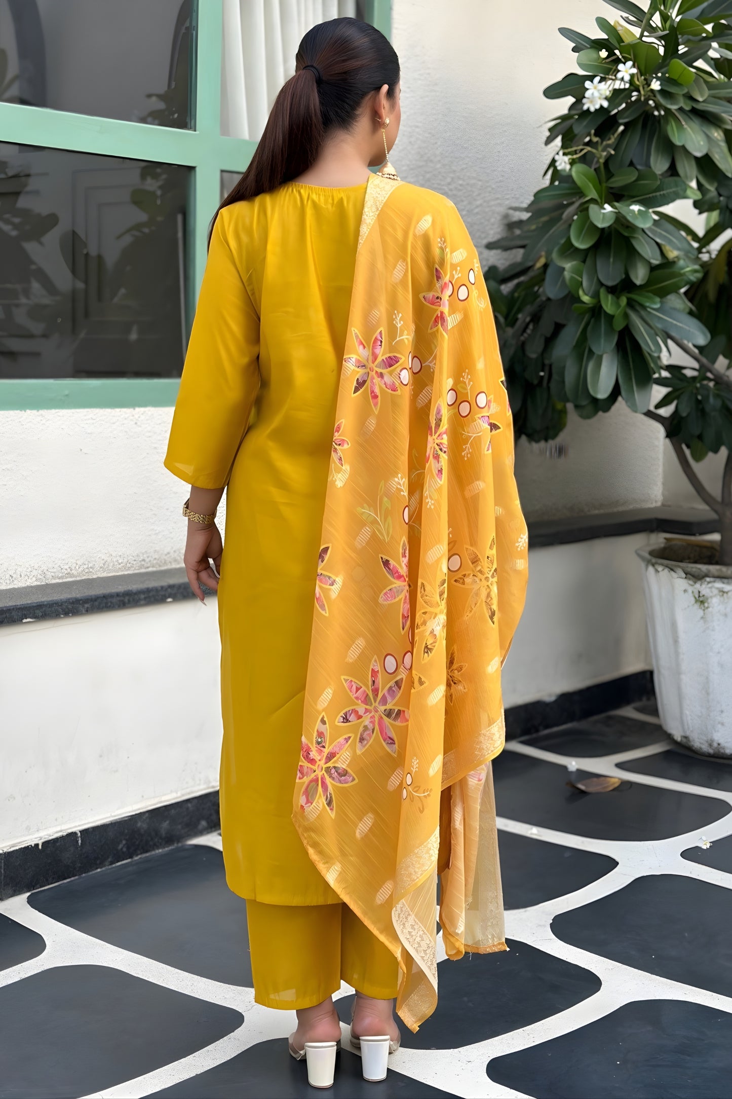 Stunning Mustard Yellow Silk Blend Embroidered Straight Cut Salwar Suit with Dupatta