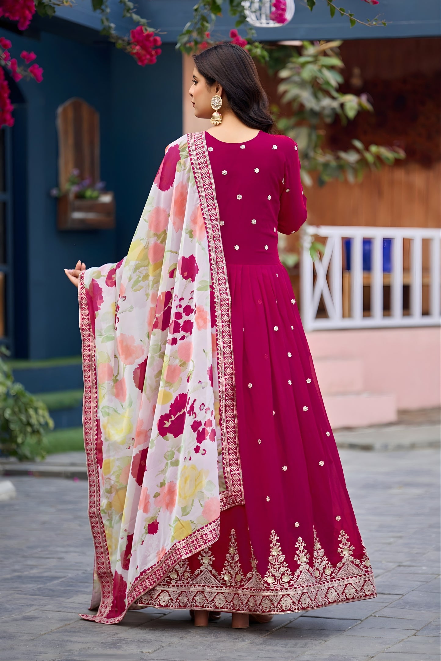 Stylish Magenta Faux Georgette Embroidered Party Wear Anarkali Suit with Floral Dupatta