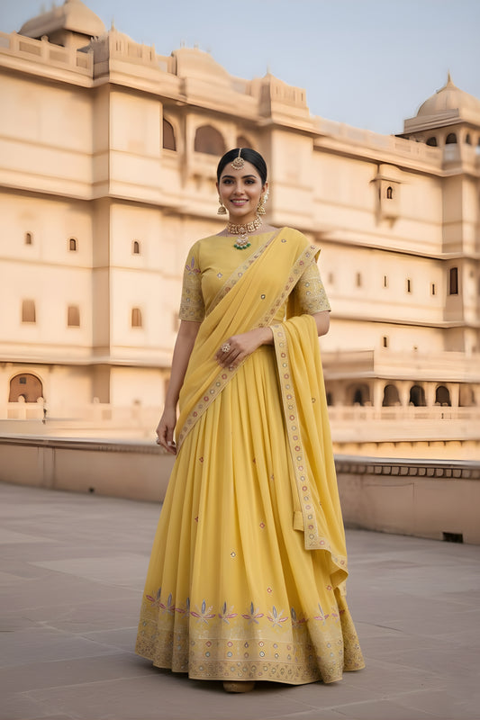 Outstanding Yellow Georgette Embroidered Wedding Lehenga Choli with Dupatta for Women