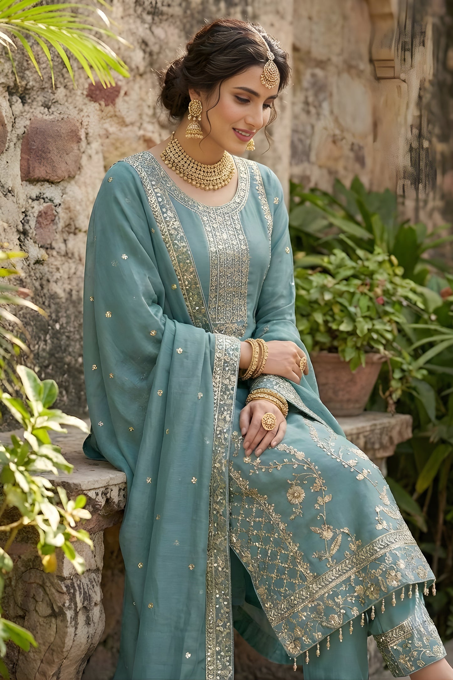 Grateful Teal Blue GMY Silk Embroidered Straight Cut Salwar Suit with Dupatta for Women