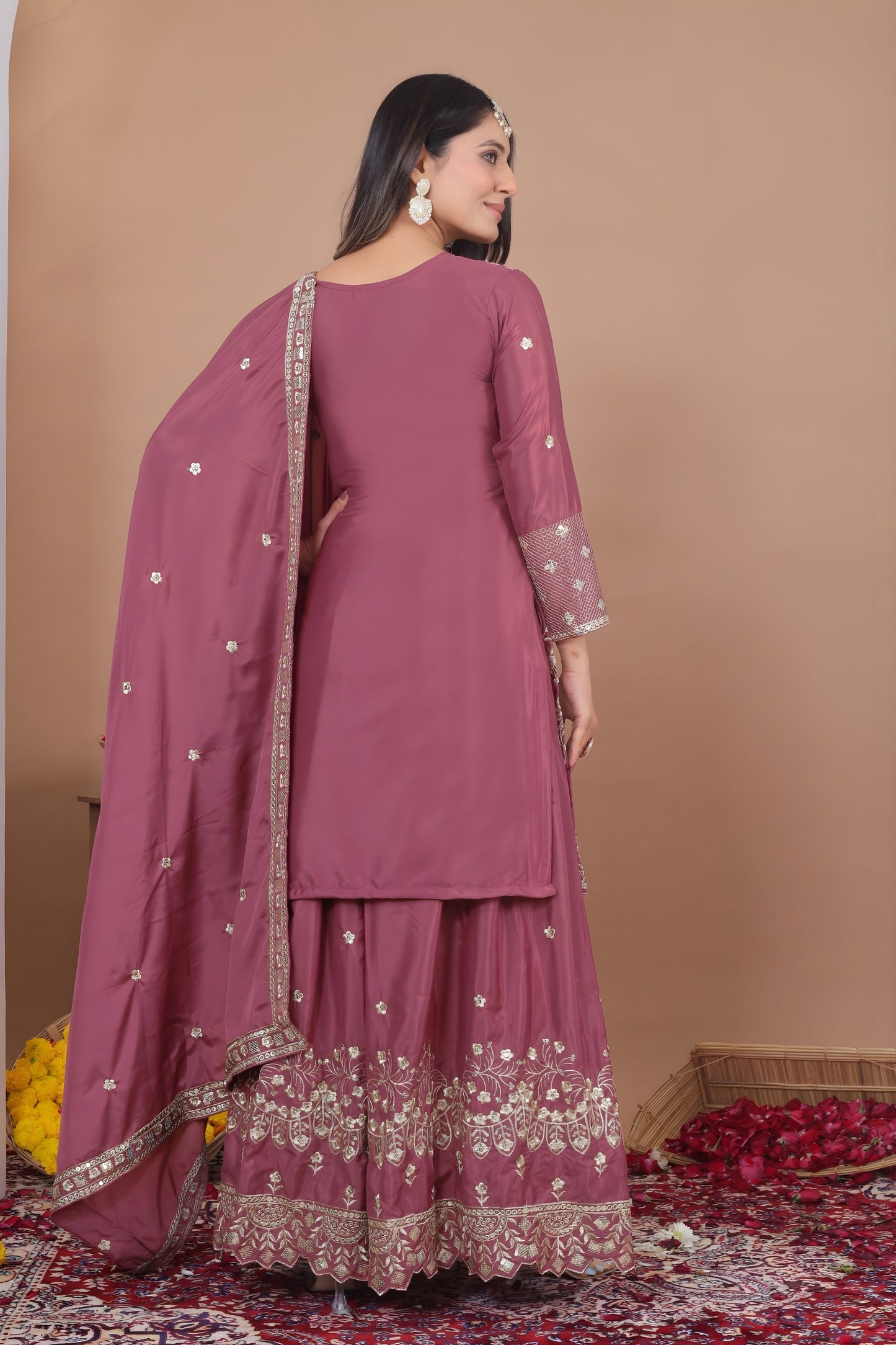 Awesome Mauve Natural Crepe Embroidered Palazzo Suit with Dupatta for Women