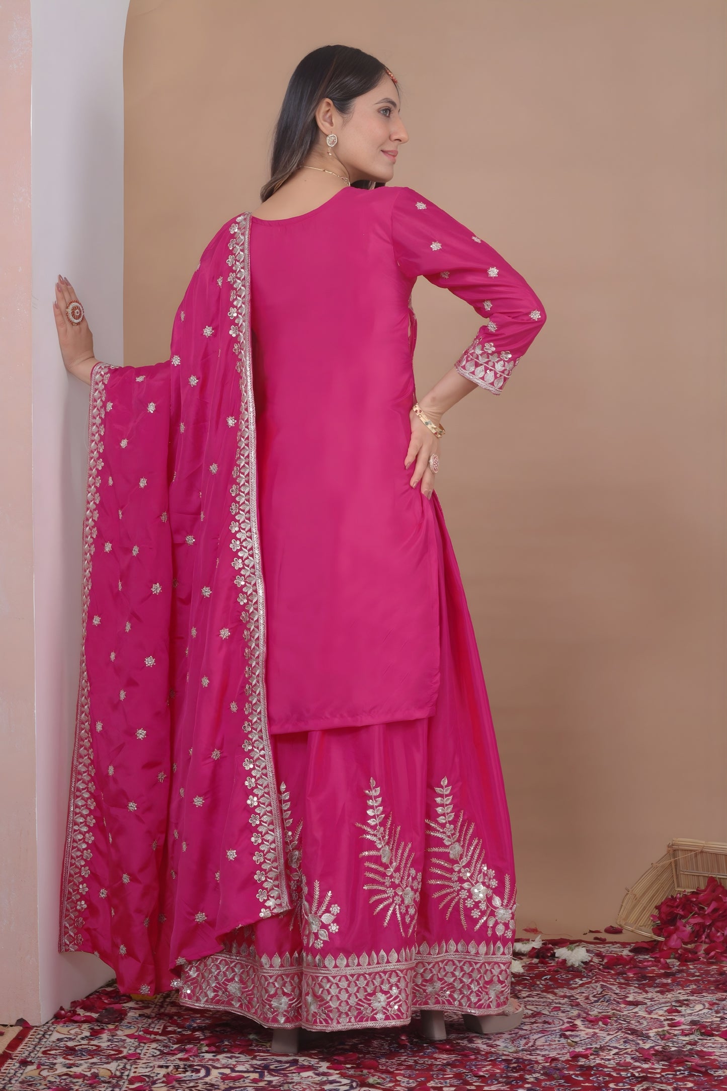 Stunning Rani Pink Natural Crepe Embroidered Palazzo Suit with Dupatta for Women