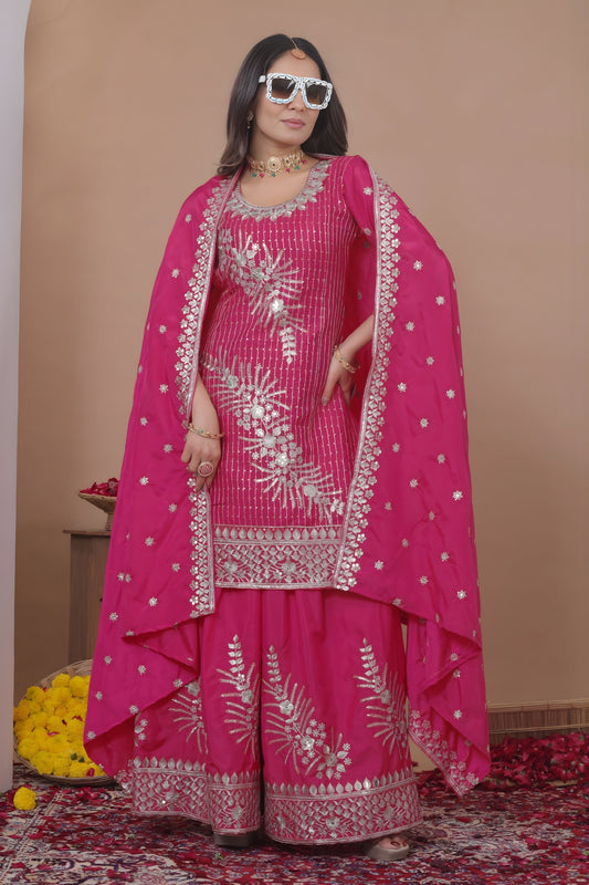 Stunning Rani Pink Natural Crepe Embroidered Palazzo Suit with Dupatta for Women