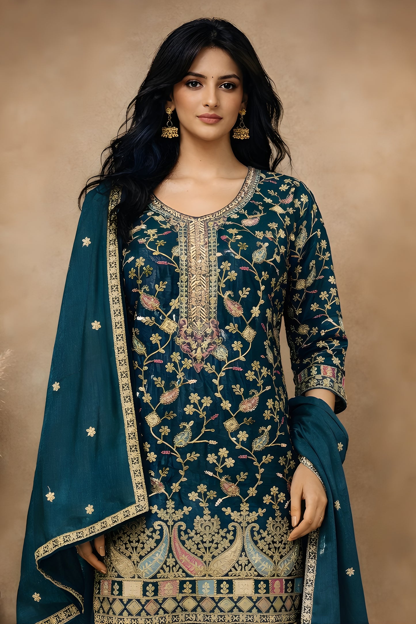 Stunning Teal Green Chinon Embroidered Readymade Palazzo Suit with Dupatta for Women