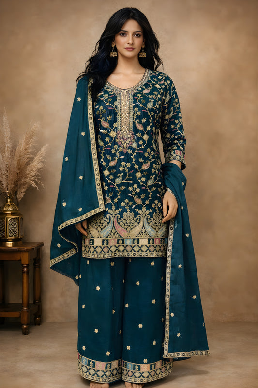 Stunning Teal Green Chinon Embroidered Readymade Palazzo Suit with Dupatta for Women