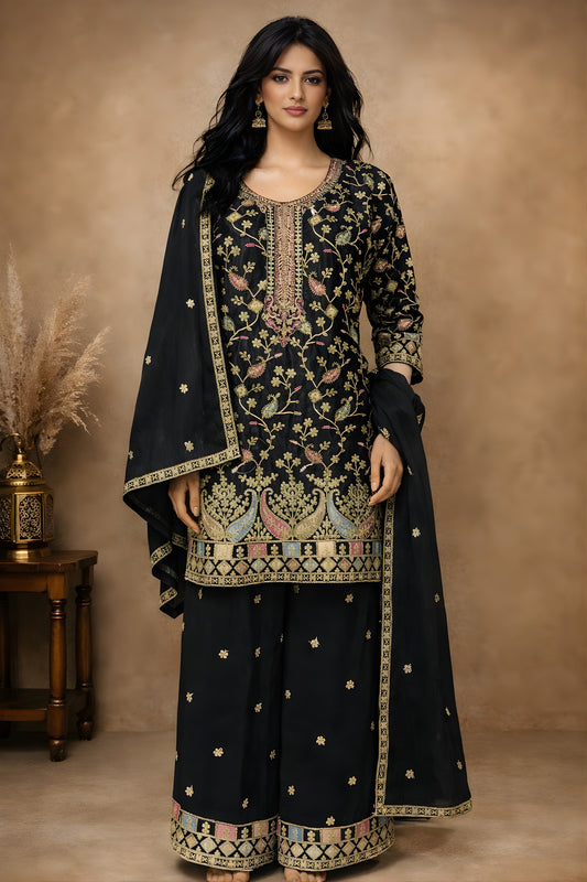 Trendy Black Chinon Embroidered Readymade Palazzo Suit with Dupatta for Women