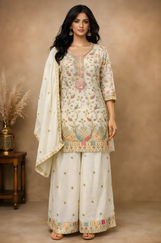 Fancy Off White Chinon Embroidered Readymade Palazzo Suit with Dupatta for Women