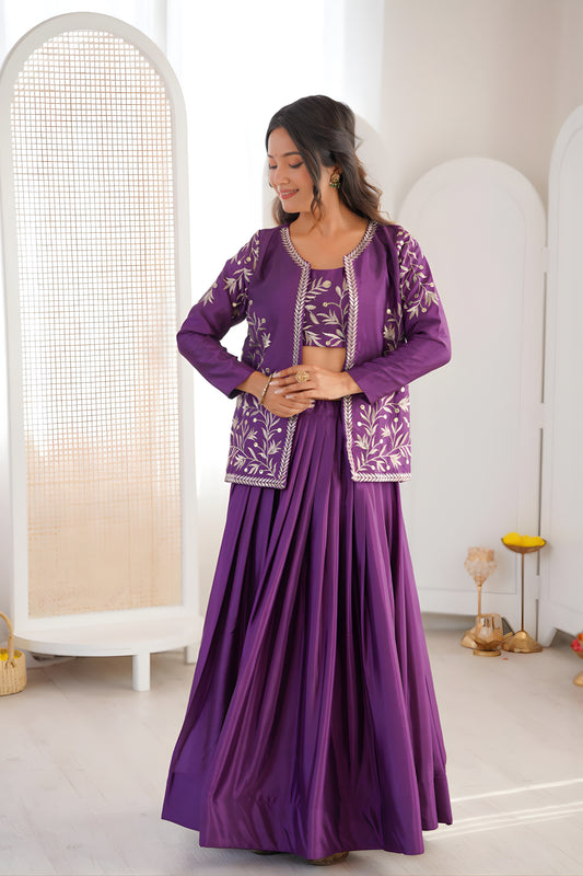 Amazing Purple Chinon Silk Embroidered Semi-Stitched Lehenga Set with Koti for Women