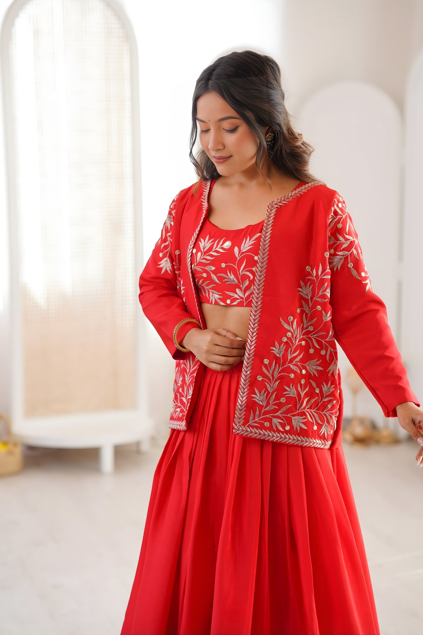 Stunning Red Chinon Silk Embroidered Semi-Stitched Lehenga Set with Koti for Women