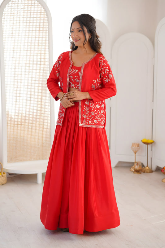 Stunning Red Chinon Silk Embroidered Semi-Stitched Lehenga Set with Koti for Women
