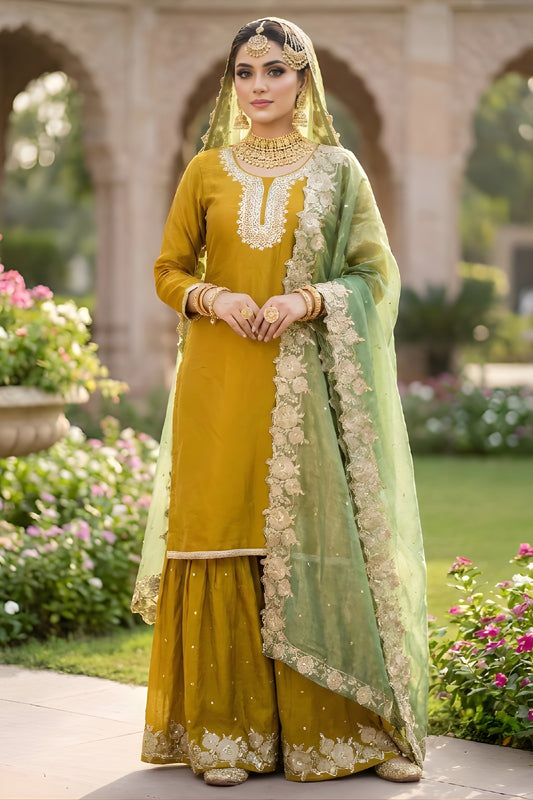 Awesome Mustard Yellow Embroidered Party Wear Readymade Palazzo Suit with Dupatta