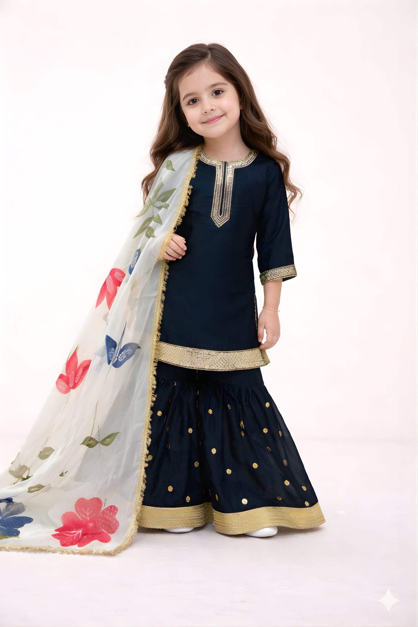 Superb Navy Blue GMY Silk Embroidered Readymade Palazzo Suit with Floral Dupatta for Girls