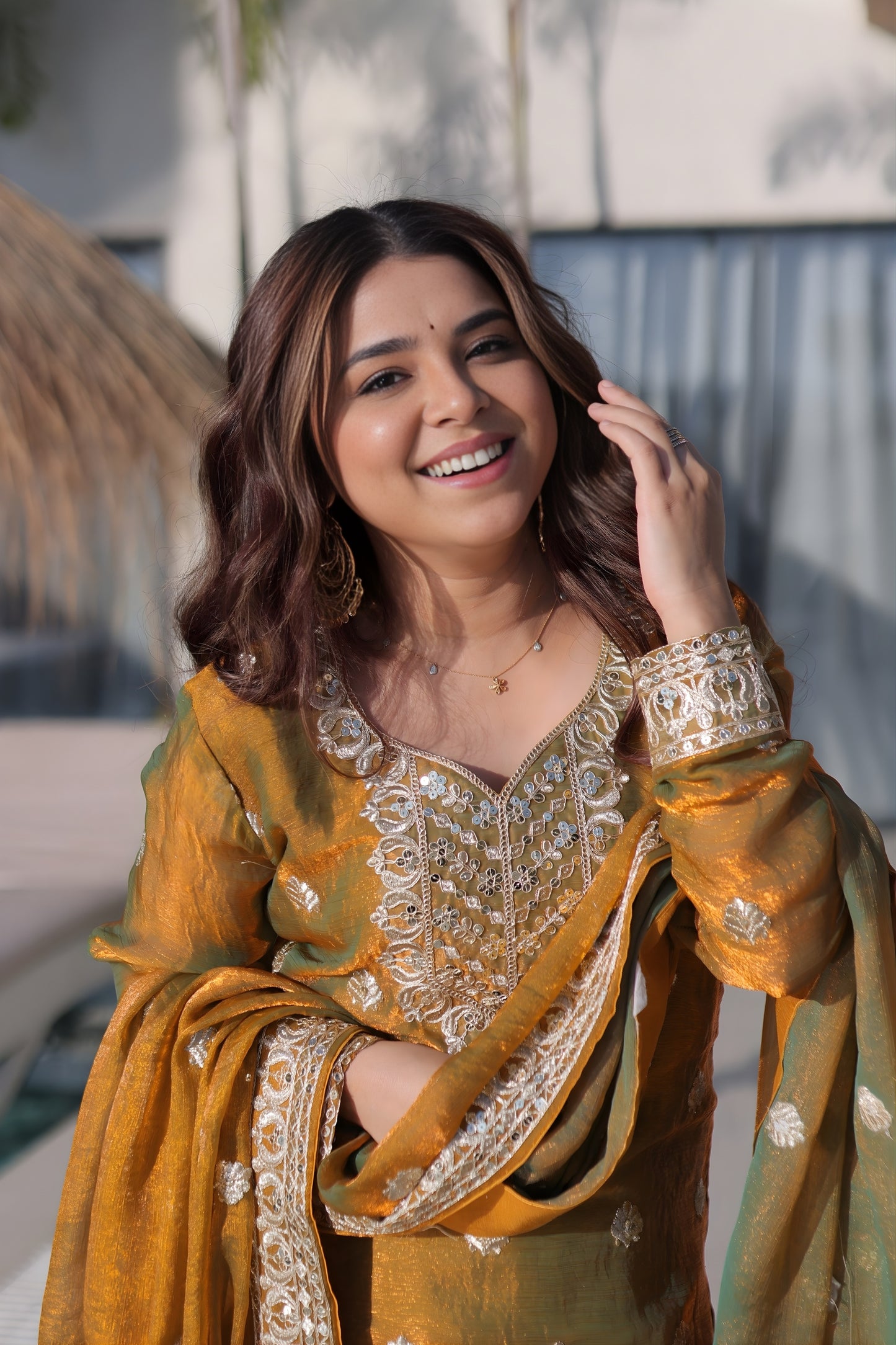 Stunning Olive Green Fendy Chiffon Embroidered Readymade Palazzo Suit with Dupatta