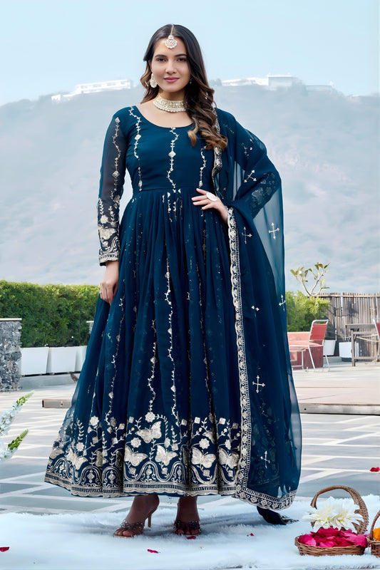 Stunning Teal Blue Faux Georgette Embroidered Party Wear Readymade Gown with Dupatta