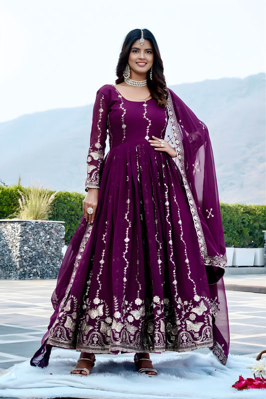 Fancy Purple Faux Georgette Embroidered Party Wear Readymade Gown with Dupatta
