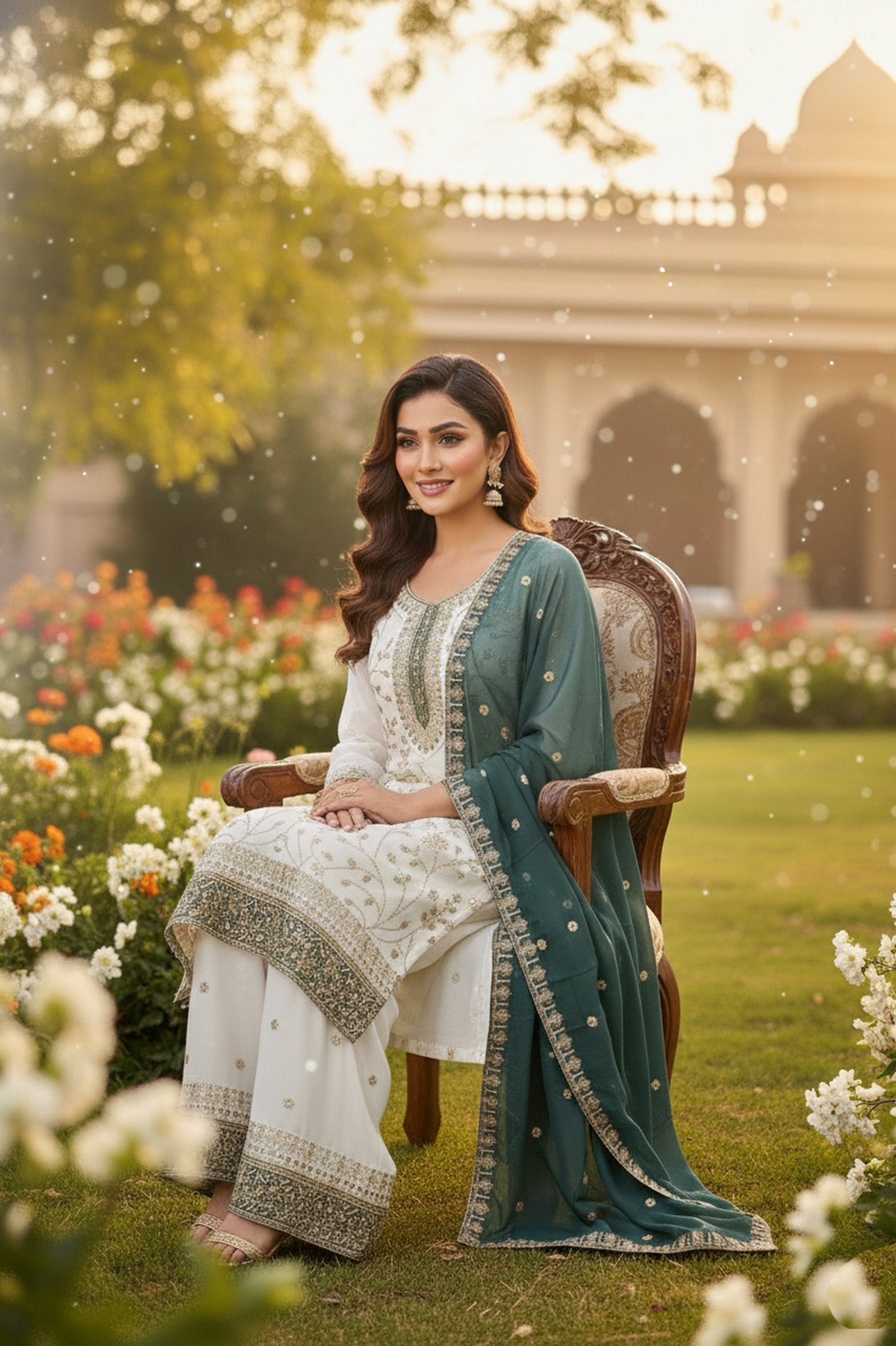 Elegant Off White Faux Georgette Embroidered Readymade Palazzo Suit with Green Dupatta