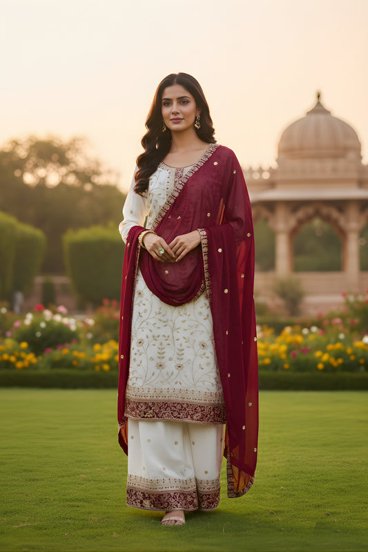 Charming Off White Faux Georgette Embroidered Readymade Palazzo Suit with Maroon Dupatta
