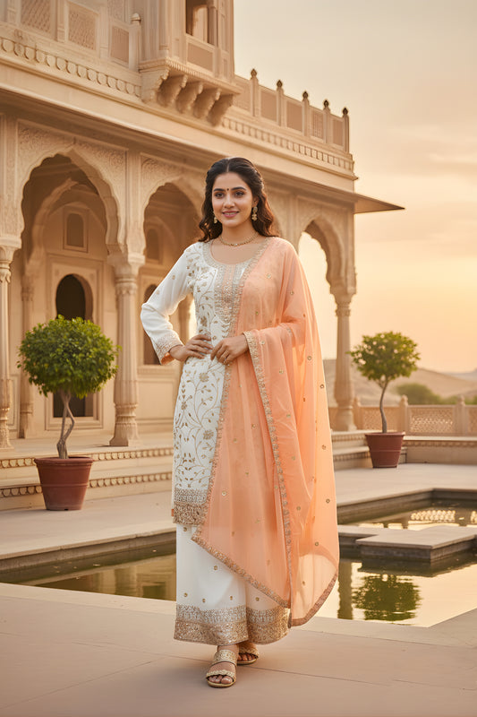 Glorious Off White Faux Georgette Embroidered Readymade Palazzo Suit with Peach Dupatta