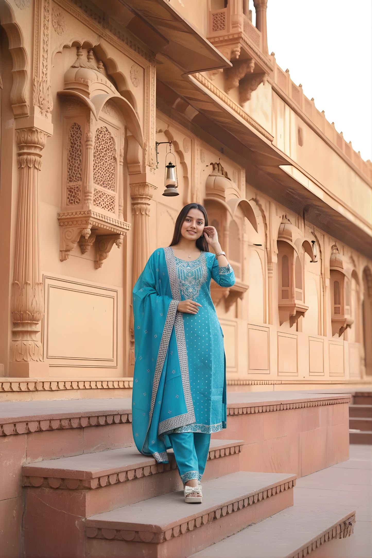 Elegant Teal Blue Chanderi Cotton Sequins Readymade Salwar Suit with Dupatta