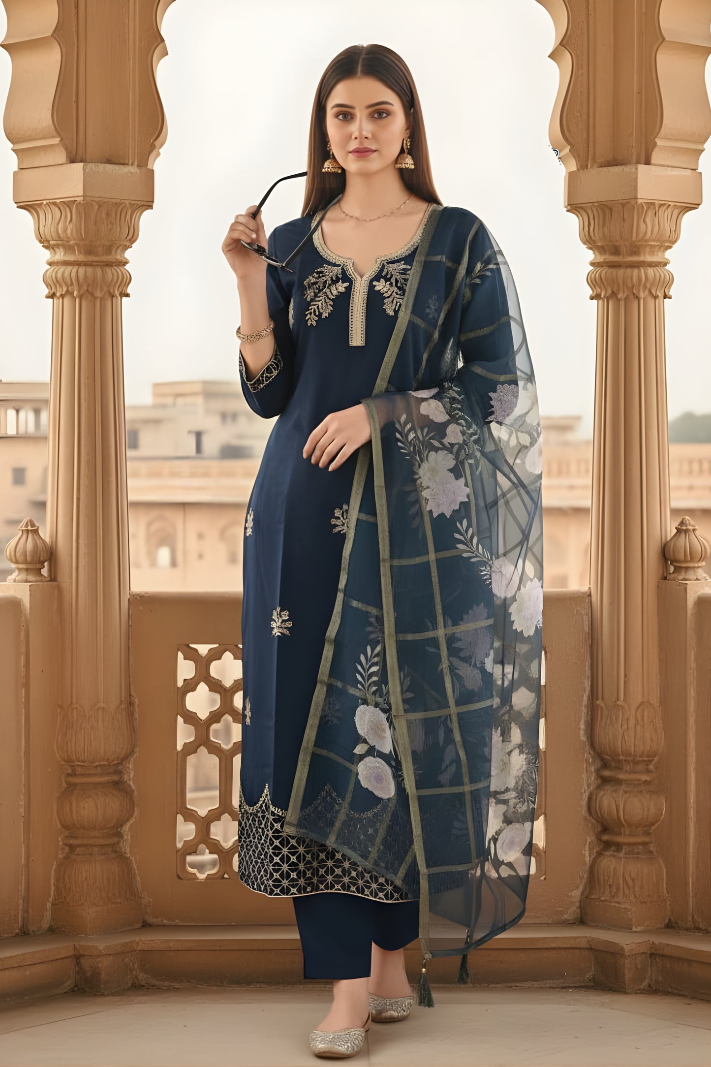 Elegant Navy Blue Viscose Chanderi Embroidered Readymade Straight Salwar Suit with Dupatta