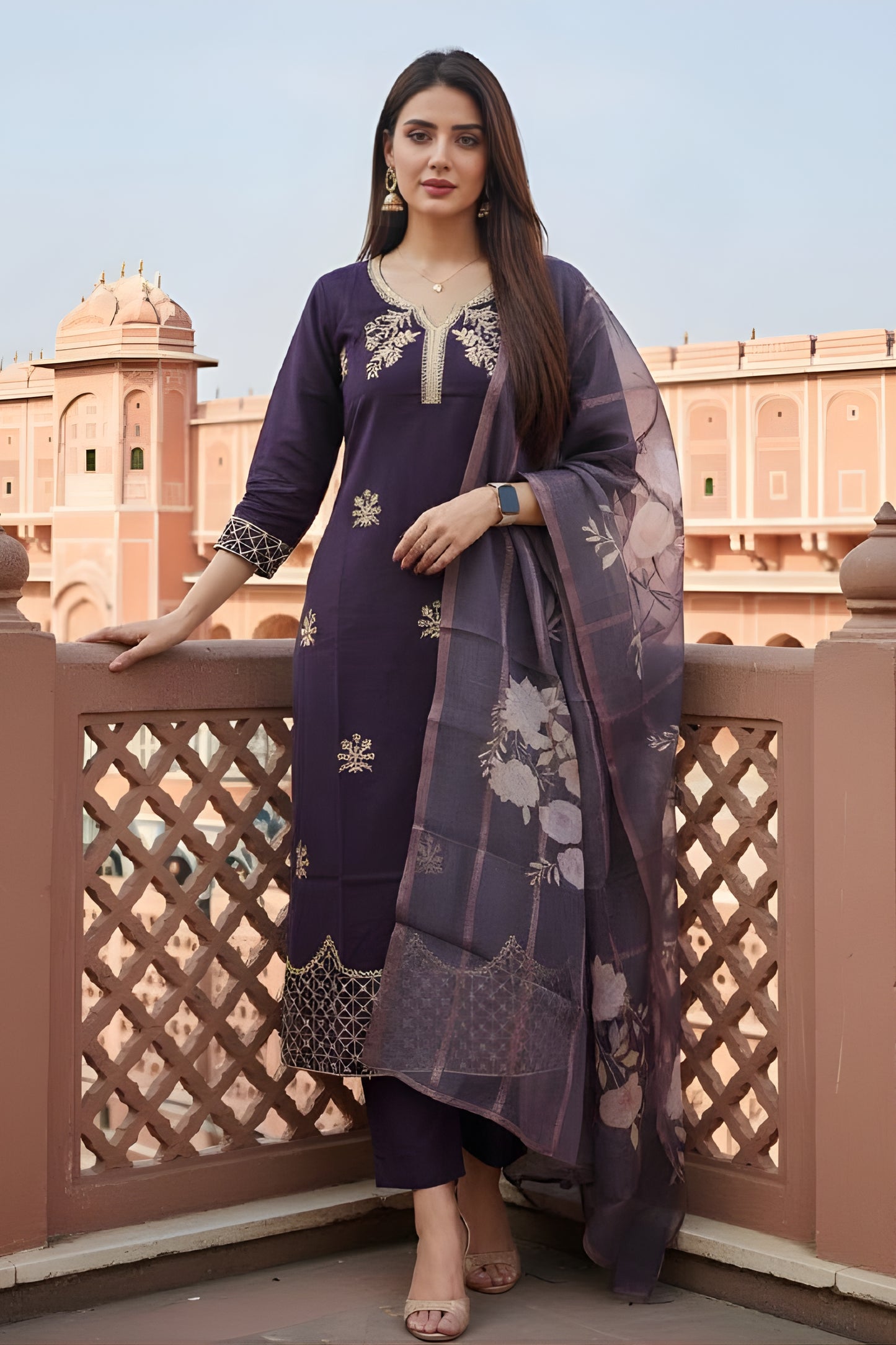 Amazing Purple Viscose Chanderi Embroidered Readymade Straight Salwar Suit with Dupatta