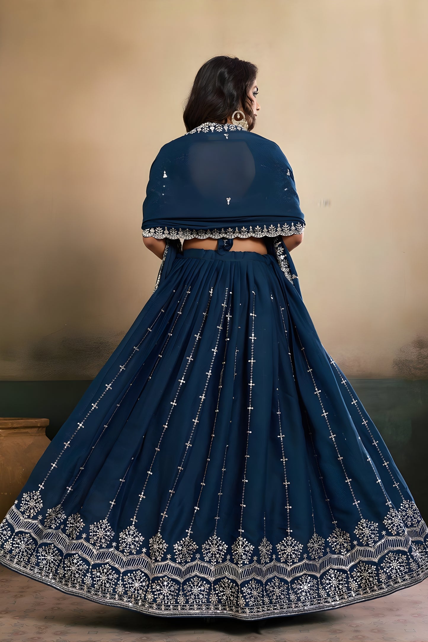 Superb Teal Blue Georgette Embroidered Semi-Stitched Lehenga Choli with Dupatta
