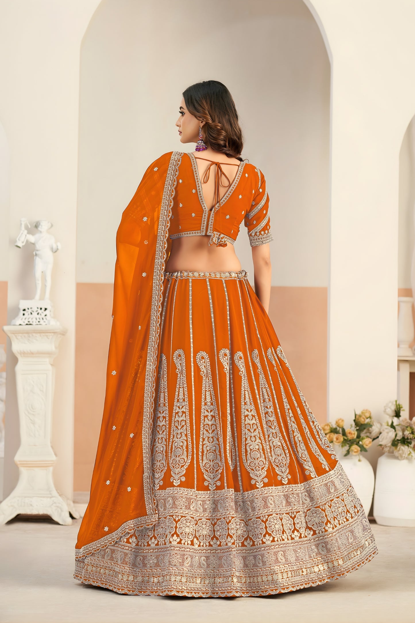 Stunning Orange Faux Georgette Embroidery Semi-Stitched Wedding Wear Lehenga Choli