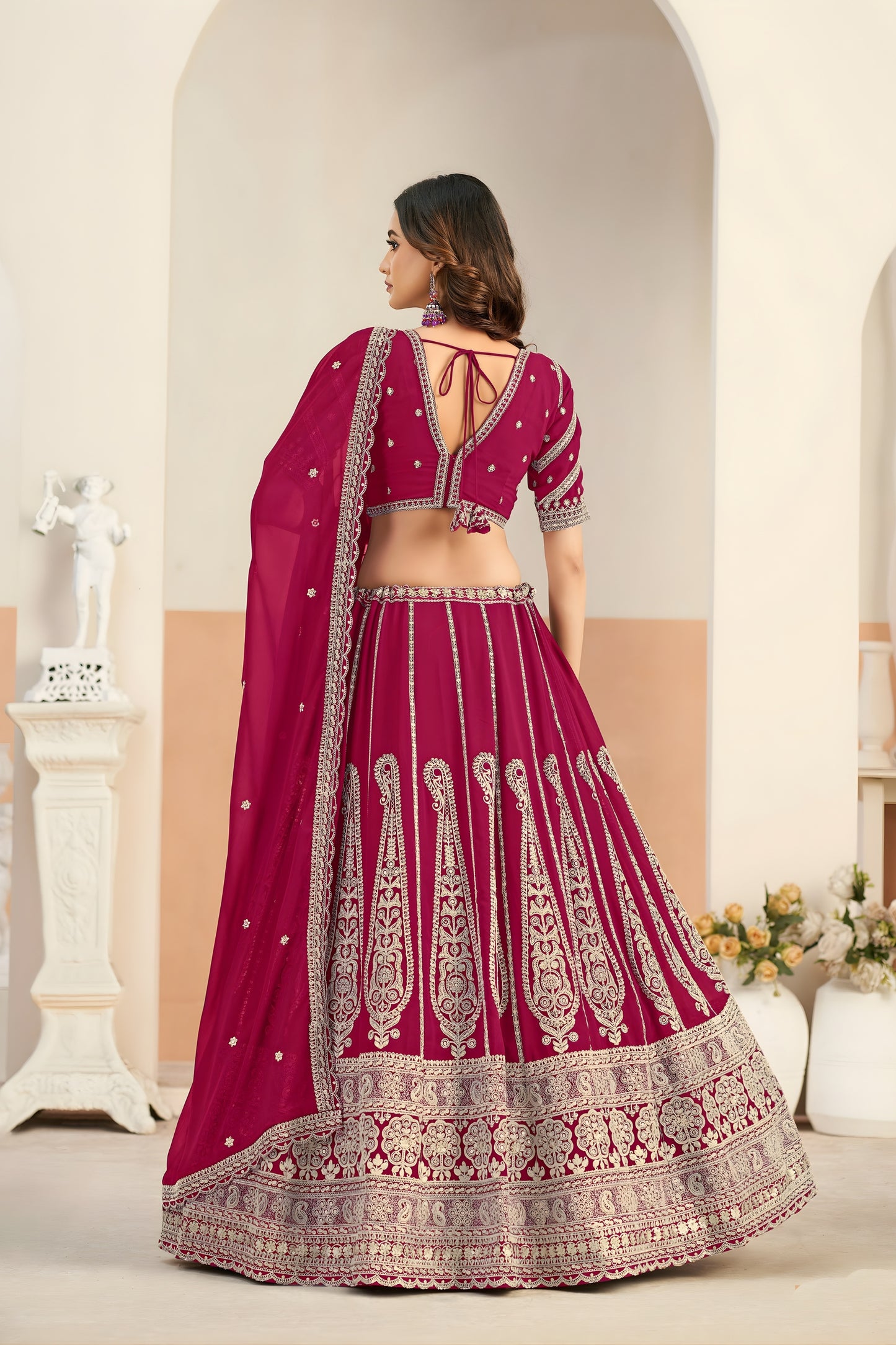 Lovable Rani Pink Faux Georgette Embroidery Semi-Stitched Wedding Wear Lehenga Choli
