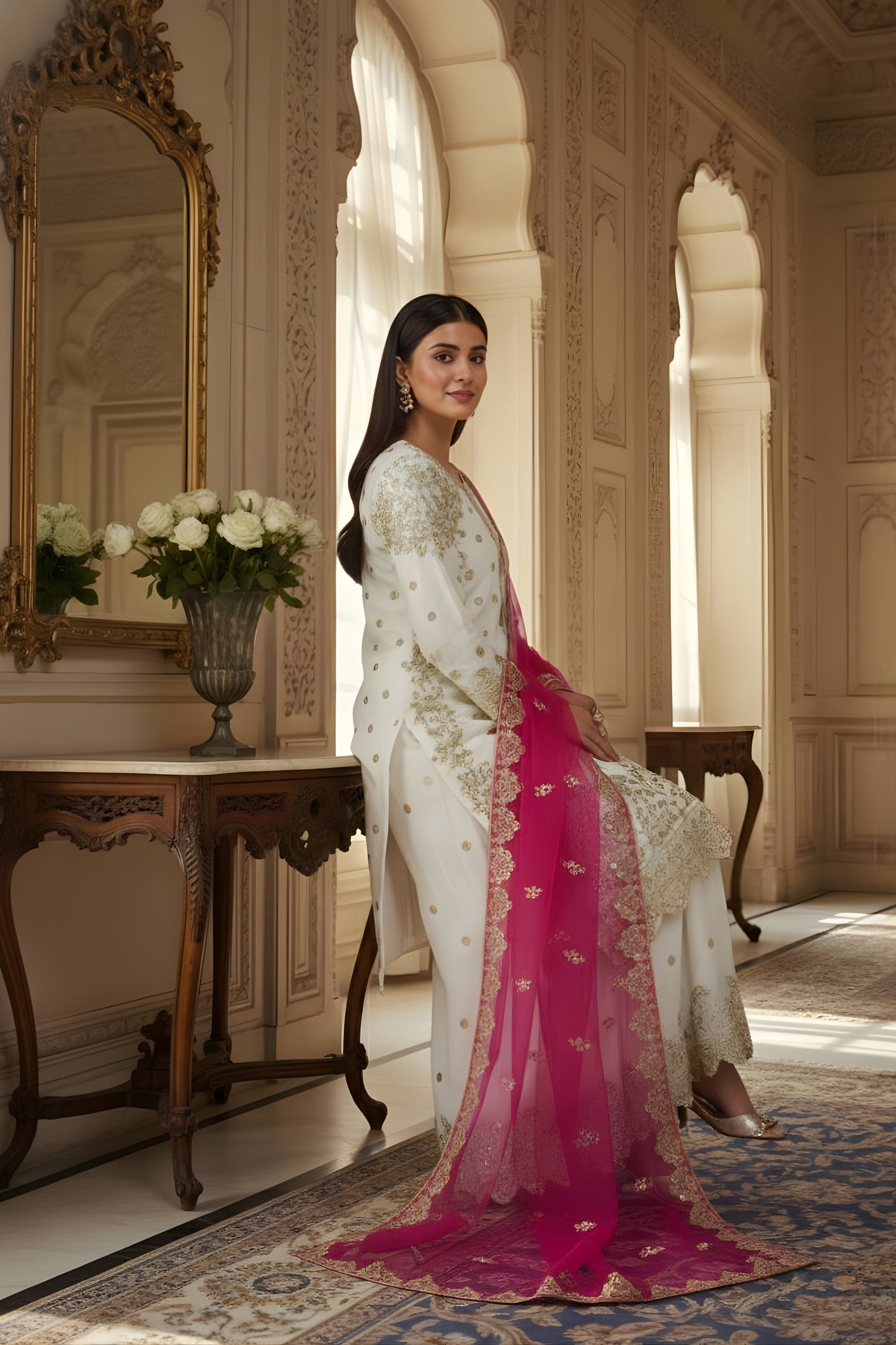 Stylish Off-White Fendy Silk Embroidered Straight Salwar Suit with Soft Net Pink Dupatta