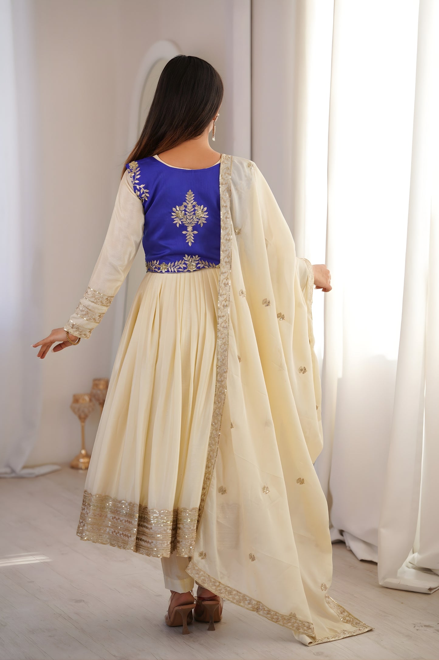 Elegant Cream Chinon Silk Anarkali Suit with Blue Embroidered Koti and Dupatta