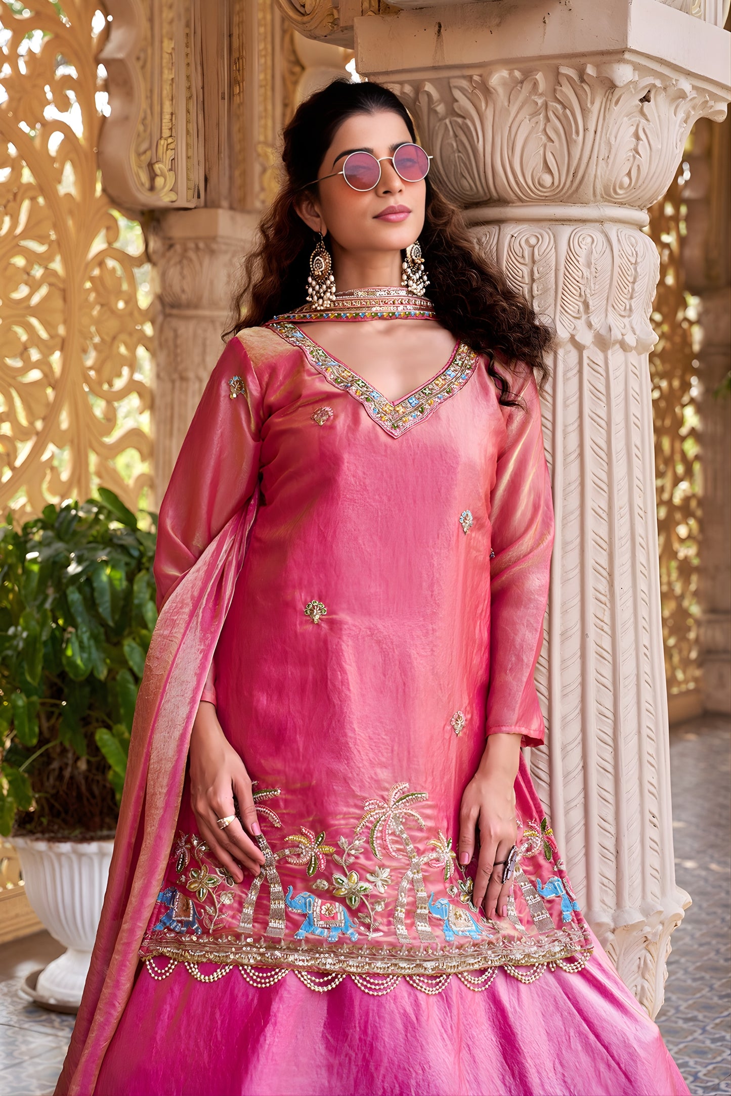 Elegant Rani Pink Embroidered Indo Western Lehenga Choli with Dupatta for Women