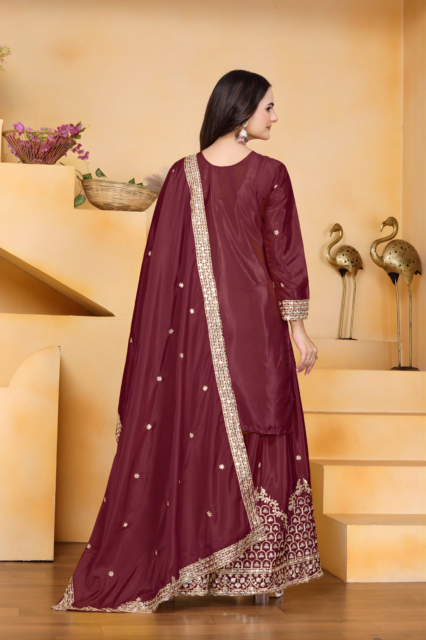 Trendy Wine Crepe Embroidered Palazzo Suit with Dupatta for Women