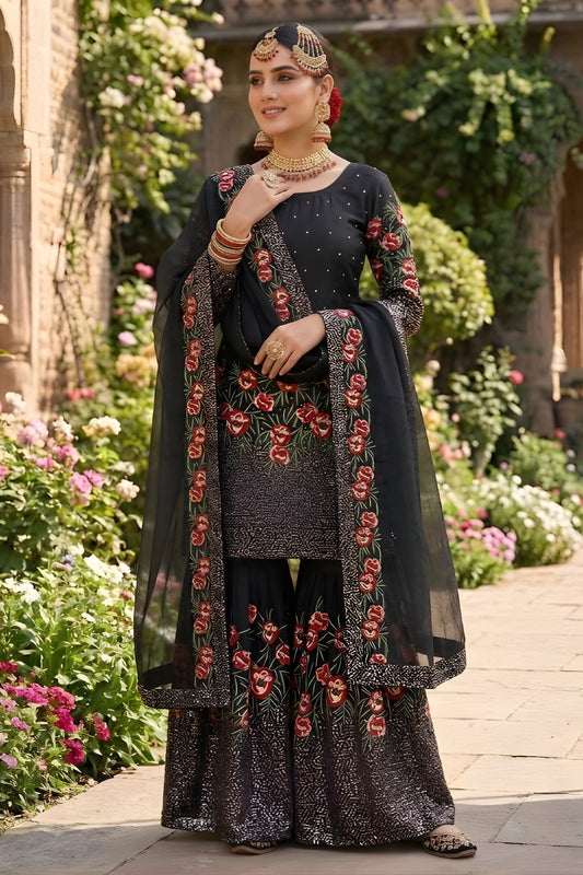 Stylish Black Fendy Silk Floral Embroidered Sharara Suit with Dupatta