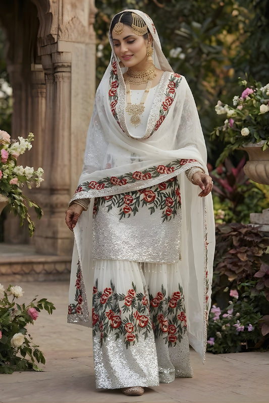 Premium Off White Fendy Silk Floral Embroidered Sharara Suit with Dupatta