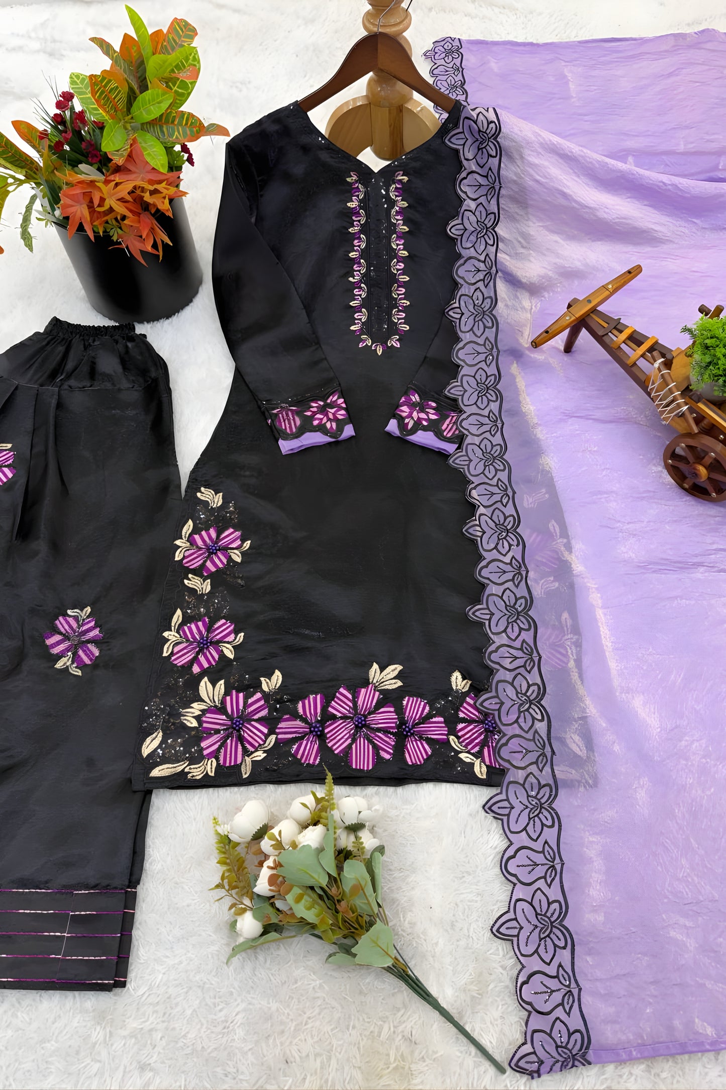 Stunning Black Roman Glass Silk Embroidered Readymade Salwar Suit with Dupatta for Women