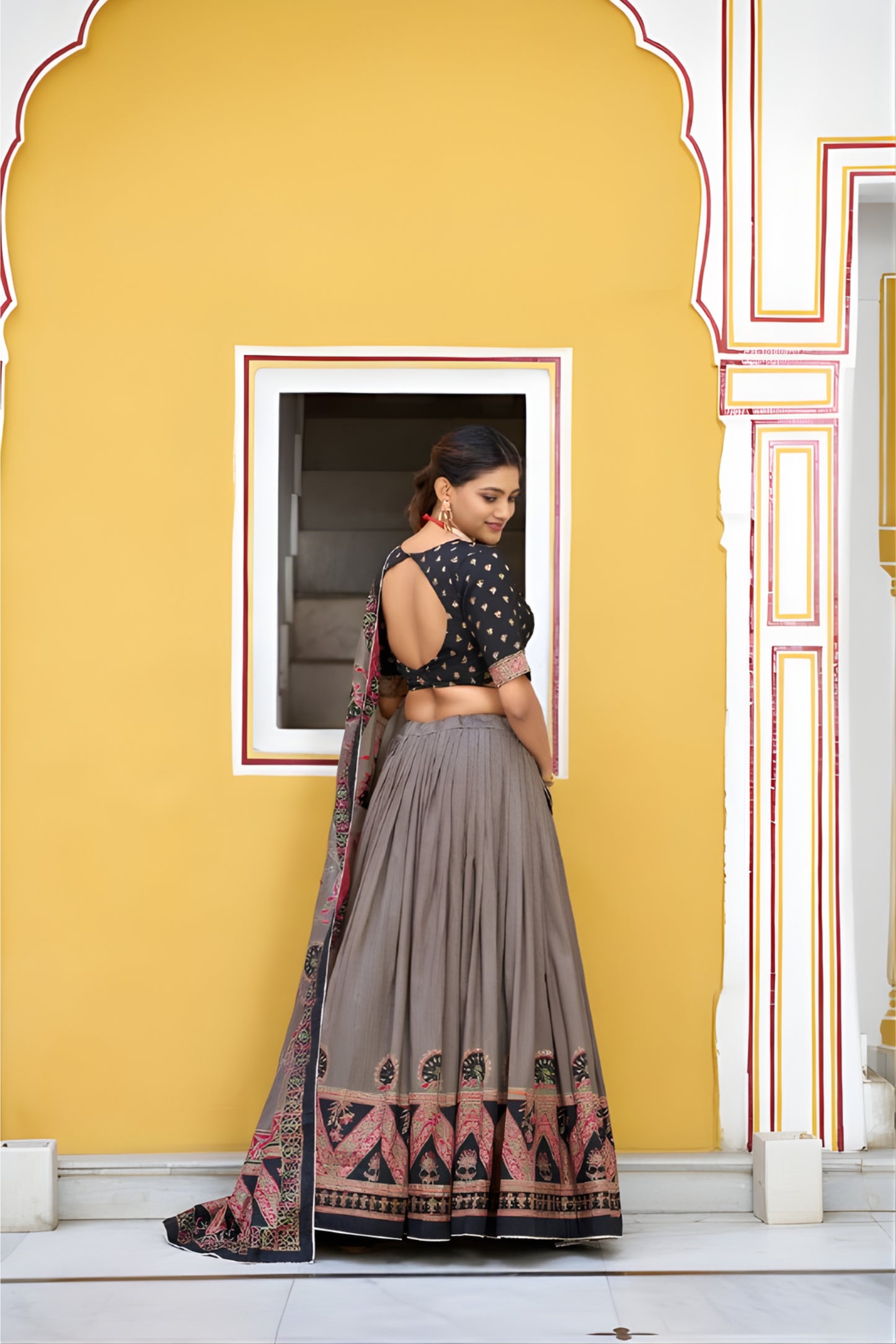 Elegant Grey Tasar Silk Printed Lehenga Choli with Black Blouse and Dupatta for Women